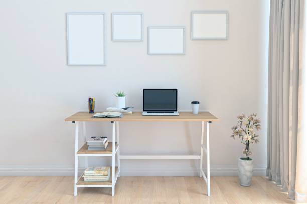 istock View of a working desk with a laptop and different objects in a room - 3D rendering 1441565070
