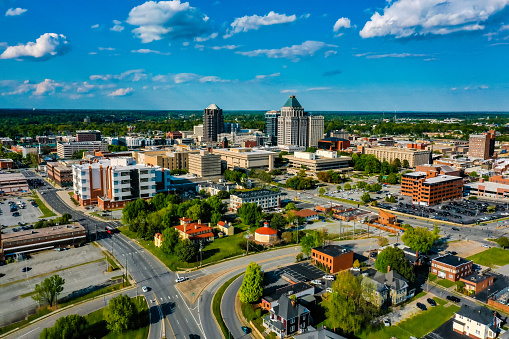 An aerial shot of the city of Greensboro, in North Carolina during daylight