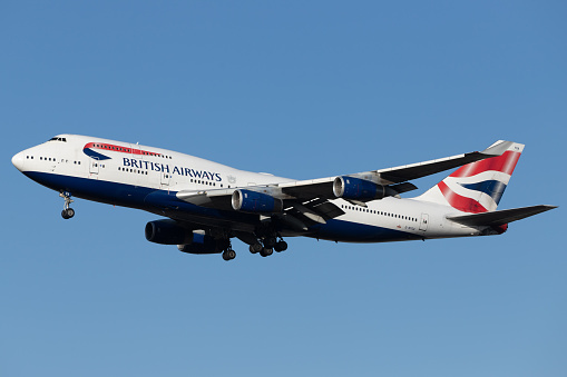 London, United Kingdom – February 10, 2020: British Airways (BA / BAW) approaching London Heathrow Airport (EGLL/LHR) with a Boeing B744 (G-BYGA/28855).