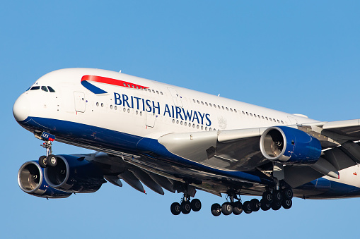 London, United Kingdom – February 17, 2020: British Airways (BA / BAW) approaching London Heathrow Airport (EGLL/LHR) with an Airbus A388 (G-XLEA/095).