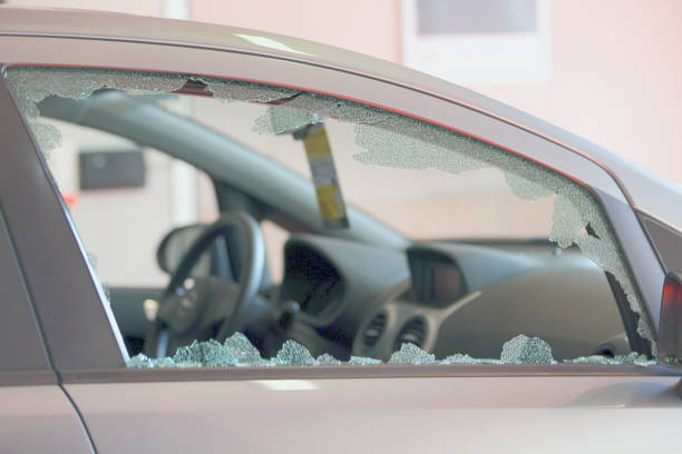 istock Selective focus of a shattered car window glass 1441567503