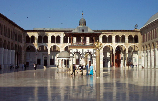 Damascus, Syria – June 06, 2004: Historical photo: the courtyard of the Umayyad Mosque in Damascus, pictured before the Arab Spring and the civil war.