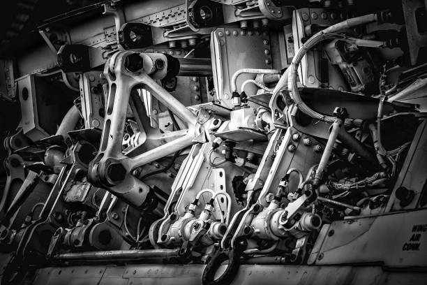 istock Grayscale of an airplane folded wing 1441569717