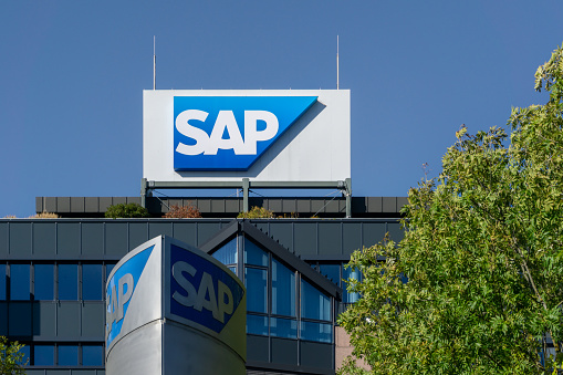 Walldorf, Germany – December 12, 2021: SAP company logo on the main building in Walldorf, Germany. blue sky