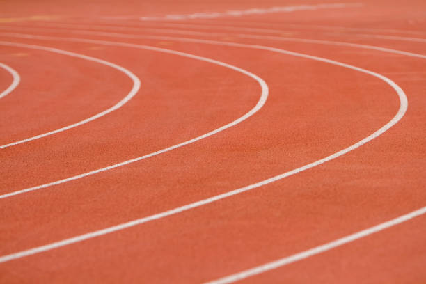 istock Closeup of a red running track 1441570280
