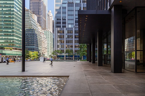 New York, United States – August 20, 2019: Plaza and entry of the Seagram Building, a modernist office building on Park Avenue in New York City.