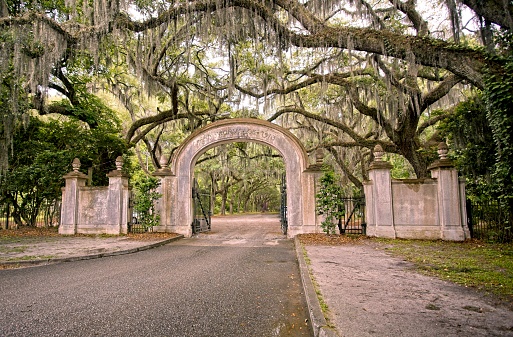 The entry gate to the Wormsloe Plantation Historic Site near Savannah, Georgia