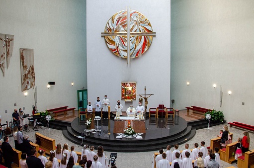 Trencin, Slovakia – August 01, 2022: The process of Mass - the central act of worship of the Roman Catholic Church in Trencin, Slovakia