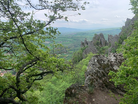 Aerial view of Puchacz Rocks, Sowie Skały (730 m a.s.l.) - sandstone rocks exposed by quarry mining works in the Central Sudetes in the Table Mountains.