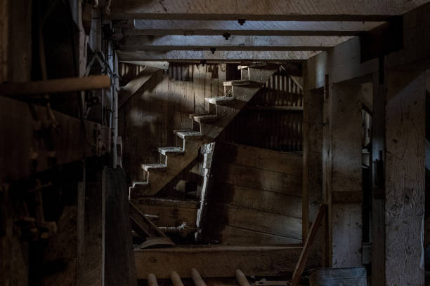 istock Interior view of an old building cellar with wooden stairs 1441574490