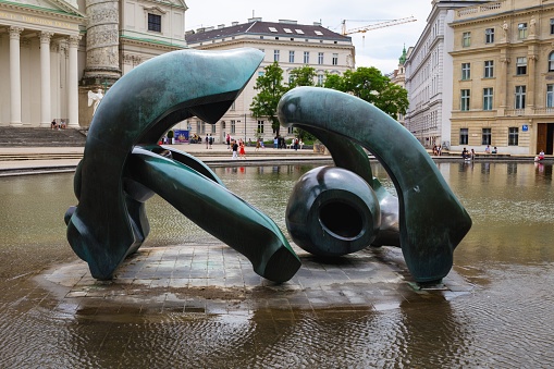 Vienna, Austria – June 06, 2017: The modern abstract sculptures in the fountain