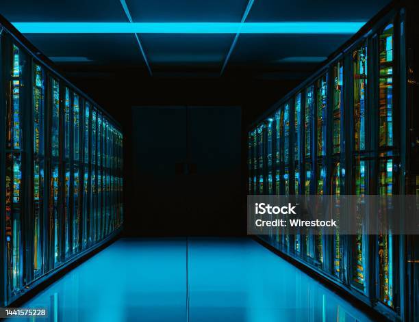 Internetwork Room 3d Render Of A Network Server Room Exchanging Cyber Data And Internet ...