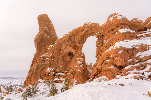The famous Turret Arch in the Arches National Park, Utah USA during winter