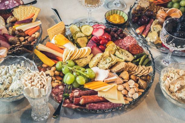 Big glassy tray with charcuterie