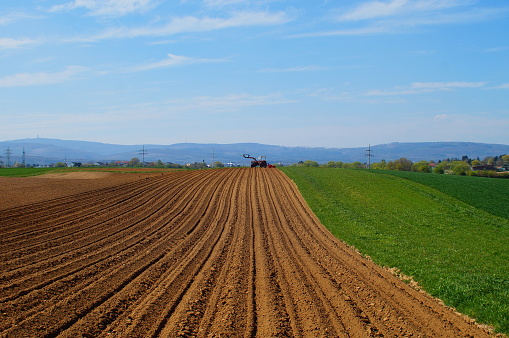 A tractor on the horizon of a freshly prepared potato field. The furrows are waiting to be sown.