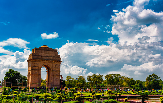 The Gate of India in Delhi under the monsoon clouds, India