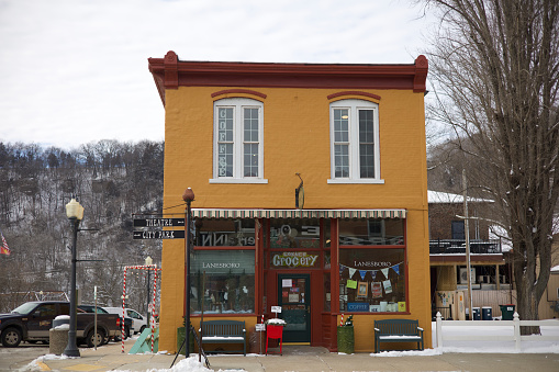 Lanesboro MN, United States – January 03, 2022: A Grocery store on the corner of a rural town of Lanesboro