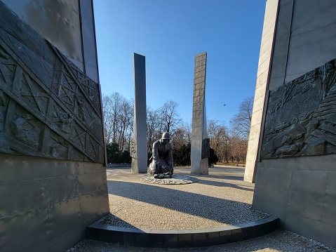 Wars, Poland – March 18, 2022: A monument symbolizing the figure of a sapper disarming the mine, Warsaw, Poland