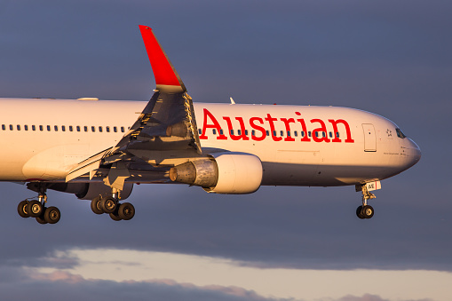 Vienna, Austria – December 31, 2021: Austrian Airlines Boeing 767 landing at airport Vienna in Austria arriving from Chicago
