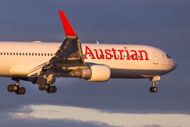 Austrian Airlines Boeing 767 landing at airport Vienna in Austria Vienna, Austria – December 31, 2021: Austrian Airlines Boeing 767 landing at airport Vienna in Austria arriving from Chicago austrian culture stock pictures, royalty-free photos & images