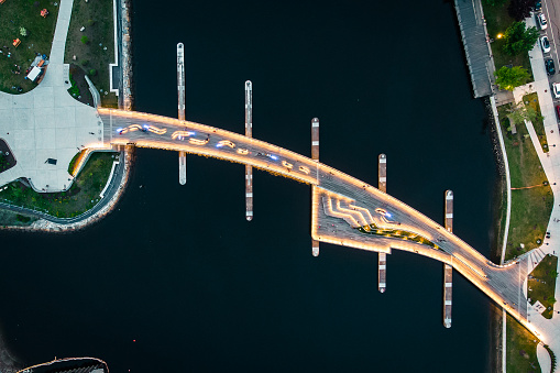 An aerial view of the Providence River Pedestrian and Bicycle Bridge