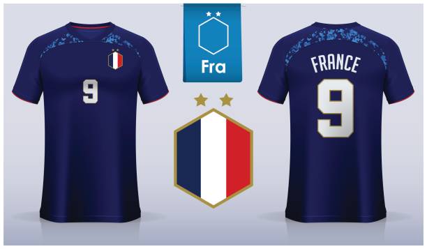 ilustraciones, imágenes clip art, dibujos animados e iconos de stock de diseño de plantilla de camiseta de fútbol o kit de fútbol para el equipo nacional de fútbol de francia. vista delantera y trasera del uniforme de fútbol. maqueta de camiseta de fútbol azul con icono plano. - t shirt template shirt symbol