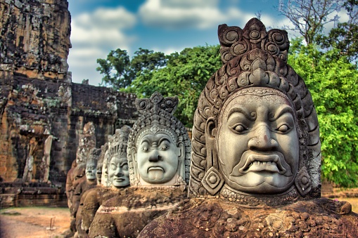 A closeup shot of statues near the Angkor Wat in Siem Reap, Cambodia