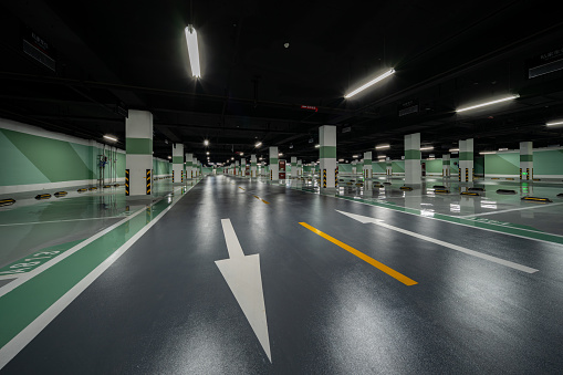 Underground garage parking lot, gray floor paint