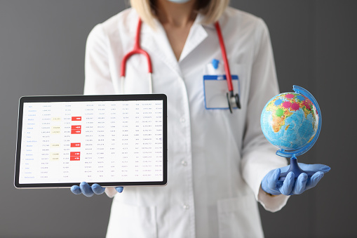 Doctor holds tablet with statistics on the incidence of coronavirus infection and globe. The incidence of covid-19 in the world concept