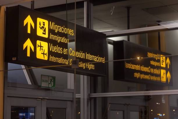 istock Yellow signs on banner inside Lima Airport 1441584254