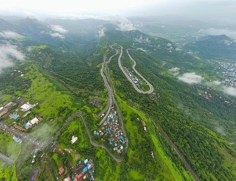 Aerial view of the most famous road and hill station in India (that is Lonavla) and Mumbai Pune Highway