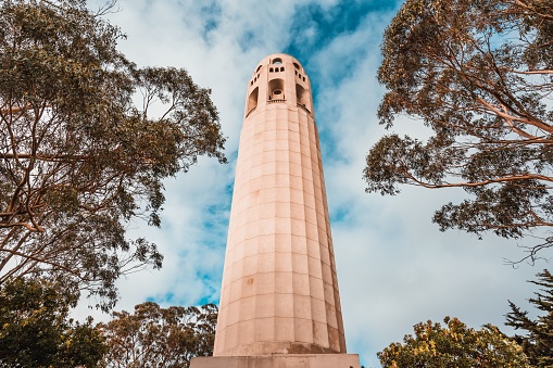 A low angle shot of the Coit Tower in San Francisco, California, USA with trees and a blue cloudy sky
