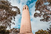 Low angle shot of the Coit Tower in San Francisco, California, USA with trees and a blue cloudy sky