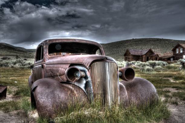 A closeup of an old rusty town in a ghost town