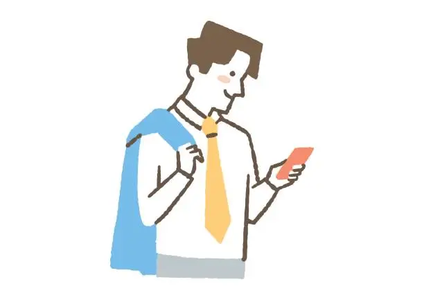 Vector illustration of Men who wear a jacket on their shoulders and look at their smartphones_color