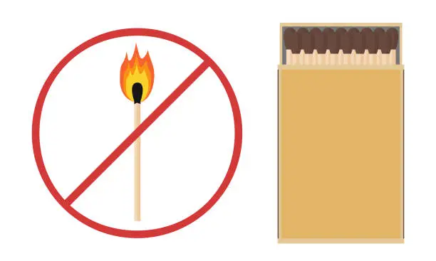 Vector illustration of No open fire. Match with a flame behind the forbidding sign. Fire prevention. Flat style. Vector