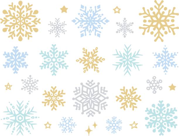 Hand drawn style illustration set of snowflakes and stars Hand drawn style illustration set of various shaped snowflakes and stars symbol snowflake icon set shiny stock illustrations