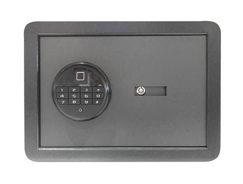 Armored steel safe with password lock isolated on white background. Open steel safe isolated.