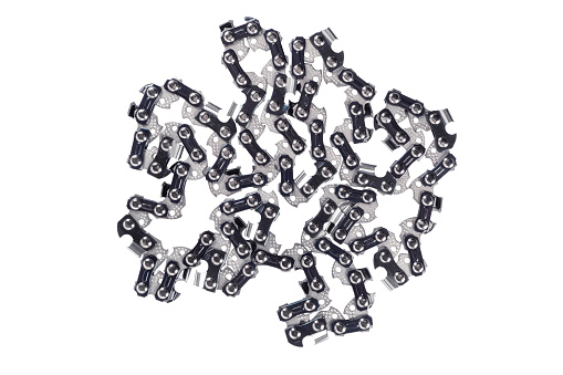 Chainsaw chain isolated on white background. Metal chain link for chainsaw texture. New chain spare part for chainsaw isolated.