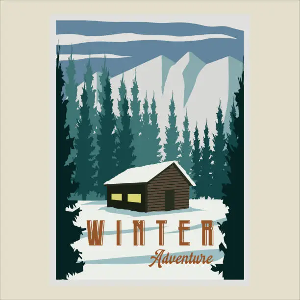 Vector illustration of cabin or cottage at winter landscape poster vector illustration template design. snow at nature forest banner for travel or business tourism