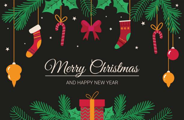 ilustrações de stock, clip art, desenhos animados e ícones de christmas banner with the inscription merry christmas and happy new year on the background of fir twigs and hanging christmas toys - christmas tree snow fir tree isolated