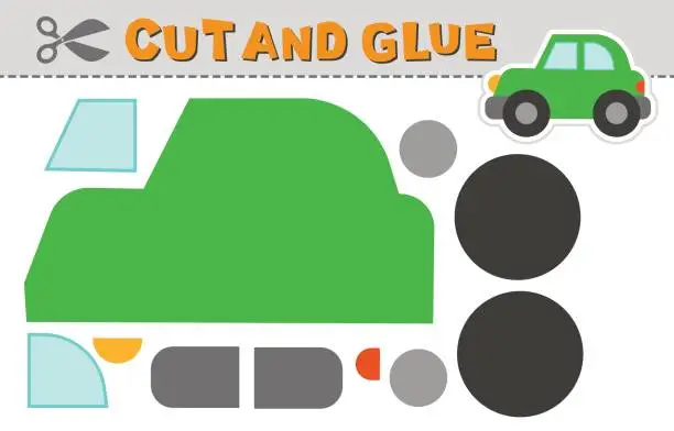 Vector illustration of Cut and glue green car. Vector illustration. Paper puzzle game for children activity and education