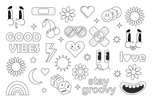 Vector illustration of Retro 70s hippie stickers, groovy elements. Doodle style. Coloring book for children. Stock vector graphics. flowers, rainbow, heart, emotions. black and white elements