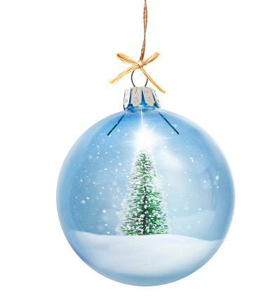 Glass Christmas ball with a Christmas tree isolated on white background