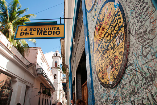 Havana-Cuba - 10.09.2021: Inscriptions on the wall at the entrance to the iconic Bodeguita cafe.