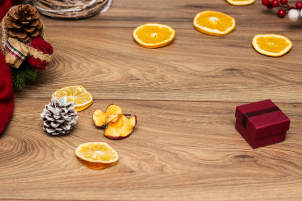 Holiday decorations on wood background.  Christmas themes
