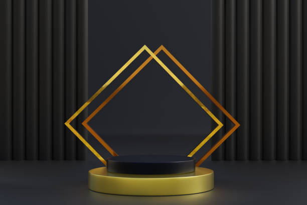 istock product podium is presented in black and gold tones.3D renders. 1441595756