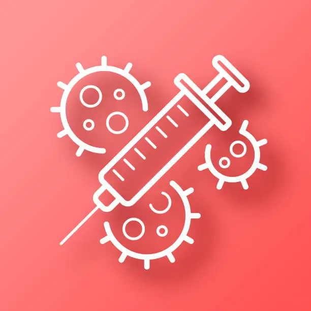 Vector illustration of Coronavirus Covid-19 vaccine. Icon on Red background with shadow