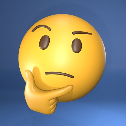 A vertical 3d rendering of a yellow emoji face isolated on blue background. Thinking Face.