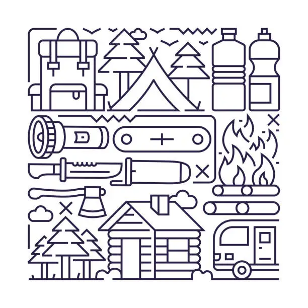 Vector illustration of Camping object and elements. Line icons illustration collection. Icon set or banner template.